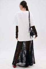 GIRLY BUT NOT LAYERED LACE MIDI DRESS WITH GRAPHIC