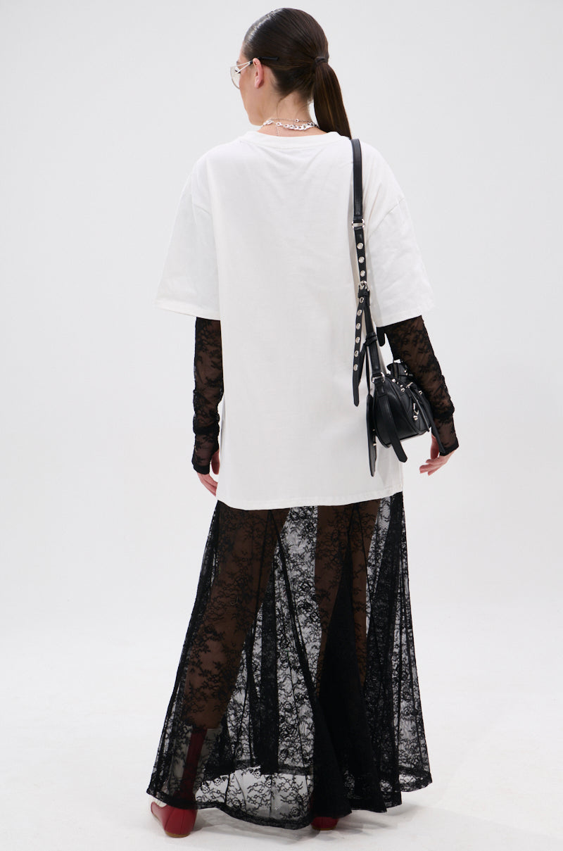 GIRLY BUT NOT LAYERED LACE MIDI DRESS WITH GRAPHIC