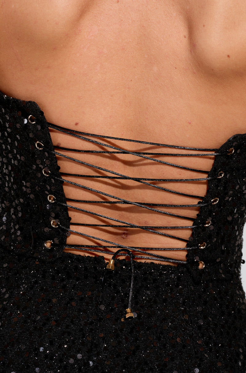 A STARRY NIGHT SEQUIN TWEED CORSET TOP