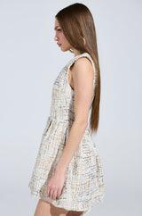 JUST A GIRL TWEED MINI DRESS IN WHITE