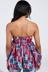 MIXED PLAID CROPPED BUBBLE BLOUSE