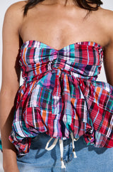 MIXED PLAID CROPPED BUBBLE BLOUSE
