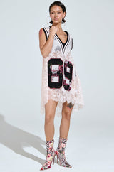 ON THE SIDELINES LACE JERSEY MINI DRESS IN PINK