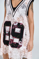 ON THE SIDELINES LACE JERSEY MINI DRESS IN PINK