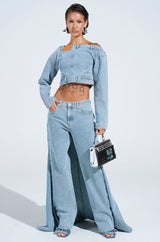 SHAKE IT OFF DENIM OFF THE SHOULDER TOP