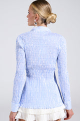 BABY BLUE PINSTRIPE RUCHED BUTTON DOWN