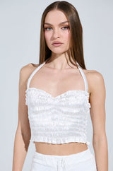 BABY DOLL RUCHED SATIN HALTER TOP IN WHITE