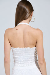 BABY DOLL RUCHED SATIN HALTER TOP IN WHITE