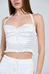 BABY DOLL RUCHED SATIN HALTER TOP IN WHITE