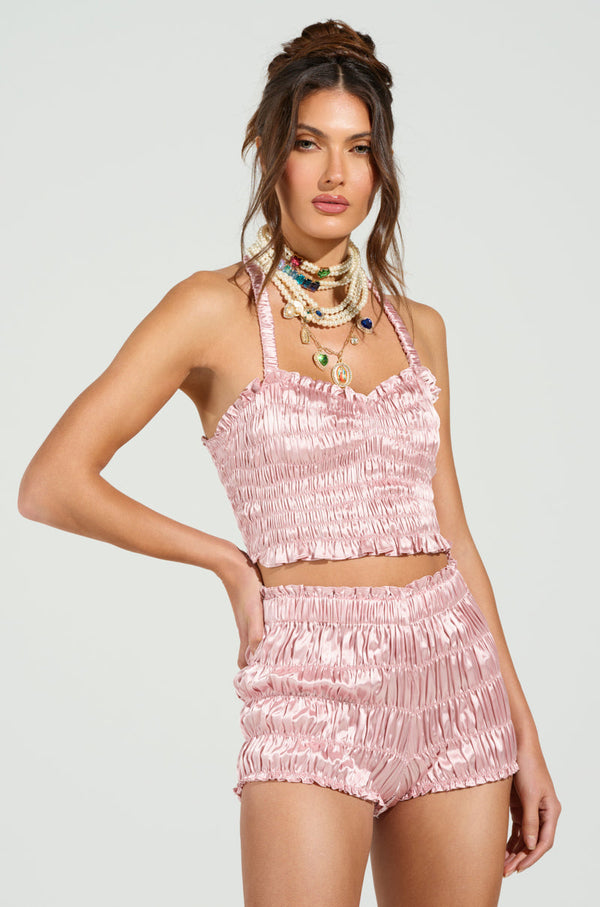 BABY DOLL RUCHED SATIN HALTER TOP