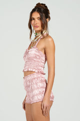 BABY DOLL RUCHED SATIN HALTER TOP