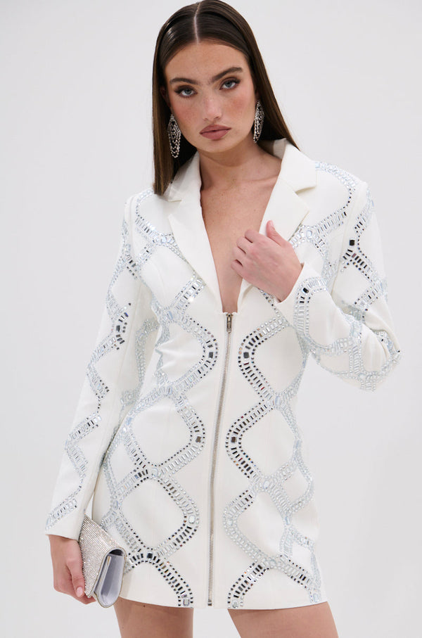 LOOK AT ME RHINESTONE BLAZER DRESS IN WHITE