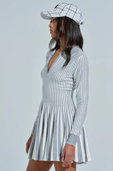 ALINA PLEATED KNIT FIT AND FLARE MINI DRESS WITH LONG SLEEVES IN GREY MULTI