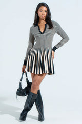 ALINA PLEATED KNIT FIT AND FLARE MINI DRESS WITH LONG SLEEVES