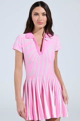 ALINA PLEATED KNIT FIT AND FLARE MINI DRESS IN PINK MULTI