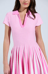ALINA PLEATED KNIT FIT AND FLARE MINI DRESS IN PINK MULTI