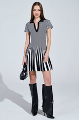ALINA PLEATED KNIT FIT AND FLARE MINI DRESS IN BLACK AND WHITE