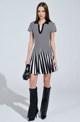 ALINA PLEATED KNIT FIT AND FLARE MINI DRESS IN BLACK AND WHITE