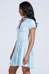 ALINA PLEATED KNIT FIT AND FLARE MINI DRESS IN BLUE