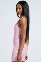 JUST A GIRL METALLIC MINI DRESS IN LILAC