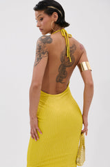 STRUCK GOLD METALLIC MIDI DRESS IN YELLOW