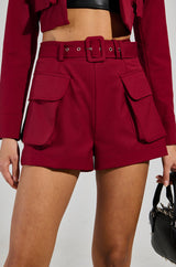 BETTER LUCK UTILITY POCKET SHORTS IN BURGUNDY