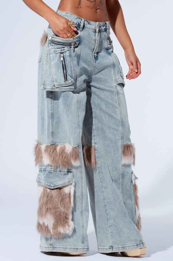 FUR DENIM CARGO PANTS