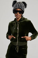 BRAT RHINESTONE VELVET OLIVE ZIP UP SWEATSHIRT