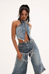 BREAK UP WITH HIM DENIM HALTER TOP