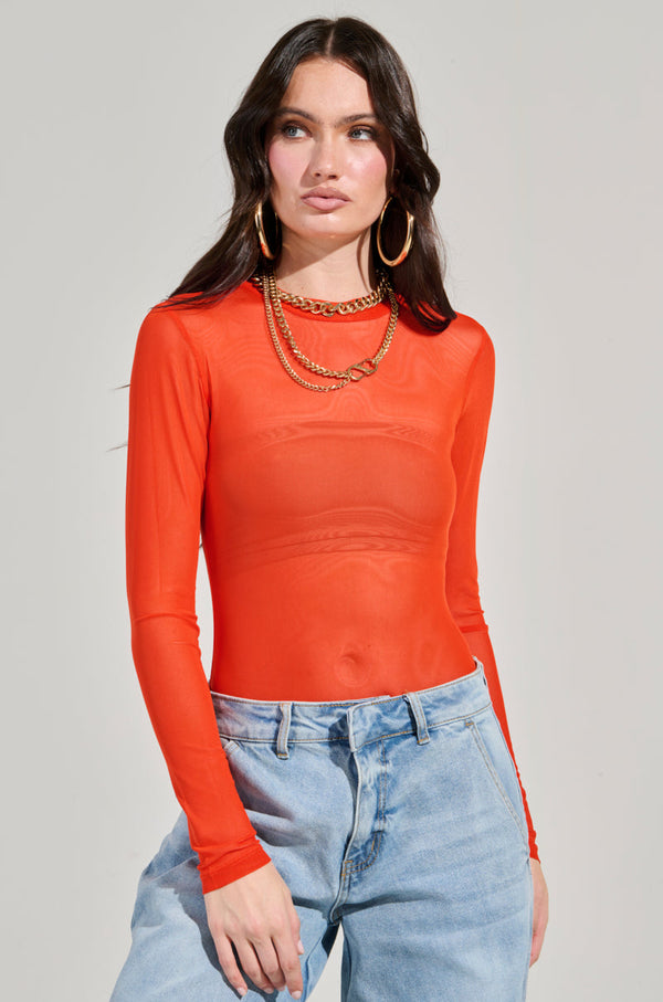 PAXTON MESH LONG SLEEVE CREW NECK BODYSUIT IN ORANGE