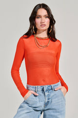 PAXTON MESH LONG SLEEVE CREW NECK BODYSUIT IN ORANGE
