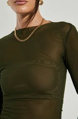 PAXTON RAW HEM LONG SLEEVE MESH TEE IN OLIVE