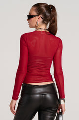 PAXTON RAW HEM LONG SLEEVE MESH TEE IN BURGUNDY
