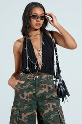 PAXTON SEXY RUCHED PLUNGE MESH HALTER BODYSUIT IN BLACK