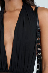 PAXTON SEXY RUCHED PLUNGE MESH HALTER BODYSUIT IN BLACK
