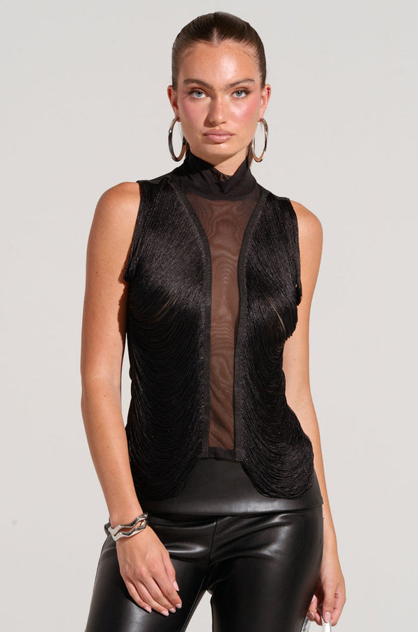 DANIELA FRINGE DETAIL SLEEVELESS MESH TOP IN BLACK