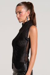 DANIELA FRINGE DETAIL SLEEVELESS MESH TOP IN BLACK