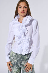 MEGHAN DRAMATIC RUFFLE BUTTON DOWN BLOUSE
