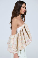THE PRETTIEST FLOWER TWEED OFF-SHOULDER TOP