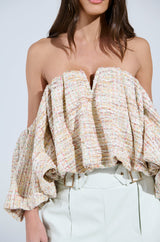 THE PRETTIEST FLOWER TWEED OFF-SHOULDER TOP