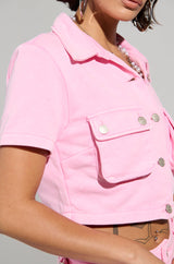 WORK FOR IT MINERAL WASHED CROPPED BUTTON DOWN IN PINK