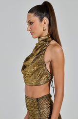 MIAMI NIGHTS HALTER NECK TIE TOP IN GOLD