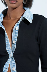 RIB KNIT DENIM TRIM BUTTON DOWN COLLARED SHIRT IN BLACK