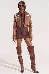 STRAIGHT TO BUSINESS PINSTRIPE MINI SKIRT IN BROWN
