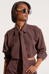 STRAIGHT TO BUSINESS PINSTRIPE TIE DETAIL CROP BLOUSE IN BROWN