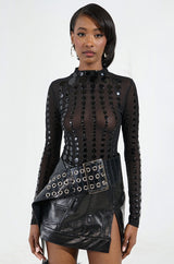 NOT MY FAULT LONG SLEEVE MESH BODYSUIT