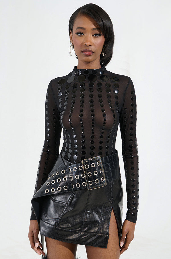 NOT MY FAULT LONG SLEEVE MESH BODYSUIT