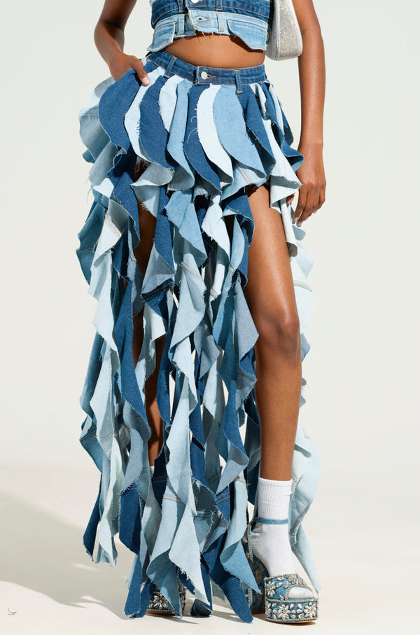 ALESSANDRA DRAMATIC DENIM MAXI SKIRT
