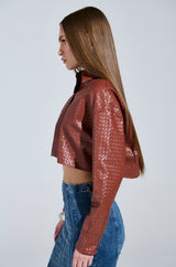 LUXURY GIRL WOVEN PU CROPPED BUTTON UP SHIRT