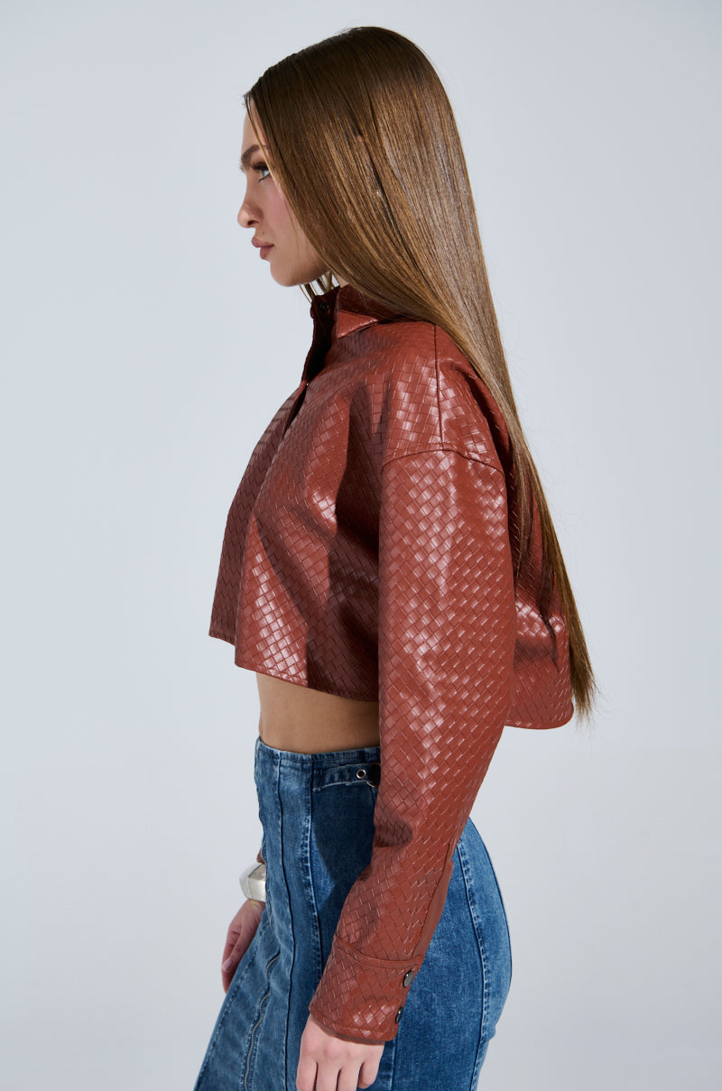 LUXURY GIRL WOVEN PU CROPPED BUTTON UP SHIRT